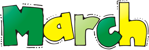 March written in bubble letters colored light green, dark green, and yellow March written in bubble letters colored light green, dark green, and yellow